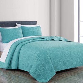 Chezmoi Collection Austin 3-Piece Oversized Bedspread Coverlet Set (Queen, Turquoise)