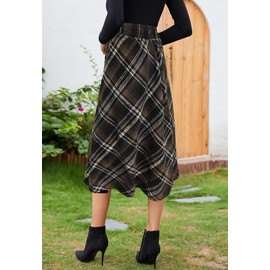 Alaster Queen Womens Long Plaid Skirt Ladies Midi High Elastic Waist Winter Pockets Skirts Dark Brown