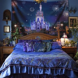 RichIdeas Castle Tapestry 60x44 Inches Firework Night Fantasy Tapestries Wall Hanging Blanket for Kids Bedroom Living Room Dorm RITADJ1305