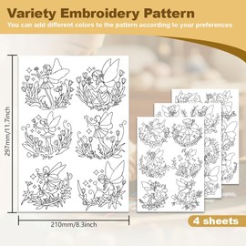 DOODLREAM 24Pcs Dancing Fairy with Flowers Embroidery Pattern Stabilizer, 21 x 29.7cm Floral Fairy Soluble Stick and Stitch Embroidery Sticker, 4 Sheets Water Hand Sewing DIY Embroidery Paper