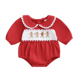 Santikisler Newborn Baby Girl Christmas Outfit Gingerbread Smocked Bubble Romper Peter Pan Collar Long Sleeve Bodysuit Clothes (Red, 3-6 Months)