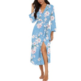 PrinStory Dressing Gown for Women Lightweight 3/4 Sleeve V Neck Long Kimono Robes Ladies Bathrobe Soft Sleepwear Loungewear (Flower Print Light Blue, XL)