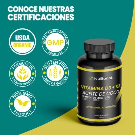 Nuboost Vitamina D3 + K2 Y Aceite De Coco, 300 Cápsulas Usa