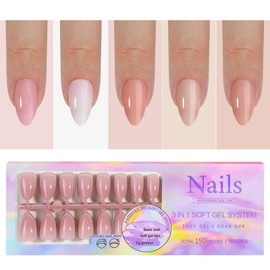 OFDNE Short Almond Press on Nails 5 Colors Natural Color Soft Gel Nail Tips 150pcs Full Cover Natural Long Lasting Medium False Nail Short Solid Color Fake Nails Extensions for Easy DIY Nail Art