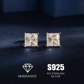 Rhodium Plated S925 Sterling Silver Stock Square Earrings Luxury VVS Moissanite Lab Grown Diamond Women Stud EarringsSize: 5mm, Color: Silver