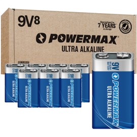 Powermax 8-Count 9V Batteries, Ultra Long Lasting Alkaline Battery for Home and Office, 7-Year Shelf Life, Reclosable Packaging