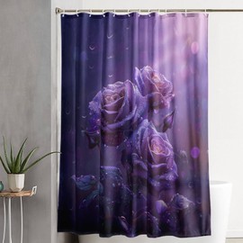 AILONEN 3D Purple Rose Rose Shower Curtain,Romantic Floral Shower Curtain for Bathroom,Oil Rose Waterproof Fabric Shower Curtain Set with Hooks for Girls Women, 72" W*84" H