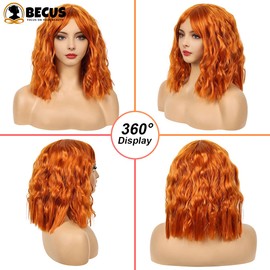 Becus Ginger Wig 12In Short Bob Wigs for Women with Bangs Natural Curly Wavy Synthetic Replacement Wig for Daily Party Cosplay Wig