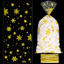 Kiiwah 50 Pieces Christmas Cellophane Sweet Bags, Clear Treat Bags, Snowflake Pattern Cookie Bags with 100pcs Twist Ties for Christmas Party Favors Supplies