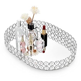 Hipiwe Crystal Vanity Tray, Mirrored Dresser Perfume Trays for Makeup Tray Cosmetic Skin Care Storage, Jewelry Trinket Organizer Tray for Bathroom Countertop Home Decor , Large