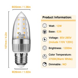 Aolang E26 LED Candelabra Bulb, 12W LED Candle Bulbs,100-Watt Light Bulbs Equivalent, Warm White 2700K Chandelier Bulbs, E26 Standard Base, 85V-265V, 1200Lumens, Non-Dimmable (4 Pack)