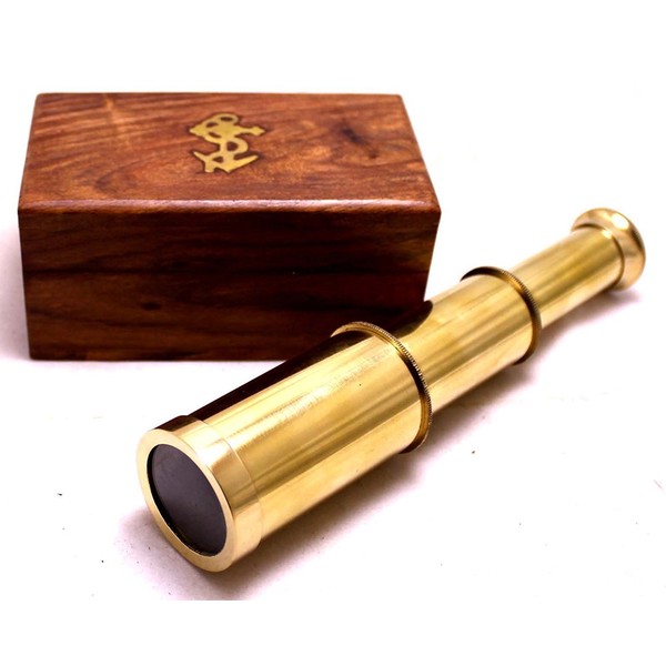 Captains 6" Brass Handheld Mini Telescope with Wooden Box Nautical