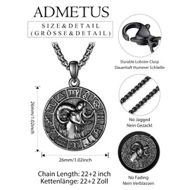 ADMETUS 12 Zodiac Sign Necklaces, 925 Silver Zodiac Sign Pendant Jewellery Round Zodiac Sign Constellation Chain Gifts for Men with 2.5 mm 22 Inches + 2 Inch Rolo Chains, Sterling Silver, No Gemstone