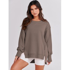 ANRABESS Women's Oversized Sweatshirt Crew Neck Long Sleeve Casual Slit Pullover Top Fall 2025 Teen Girl Preppy Clothes Brown L
