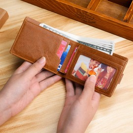 ROSSRORE Men's Ultra-Thin Wallet - Classic Minimalism -Coin and Cash Slot、Photo Slot RFID Blocking Front Pocket Bi-Fold Wallet - Father's Day Gift with Gift Box Dark Brown