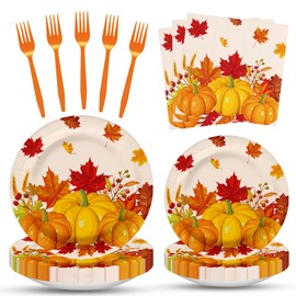 100 Pcs Fall Pumpkin Maple Tableware Party Supplies Set, Serves 25 – Disposable Autumn Harvest Paper Plates, Napkins, and Forks, Thanksgiving Day Dinnerware for Friendsgiving Gatherings Decorations