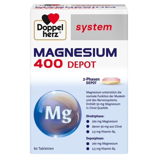 Doppelherz System Magnesium 400 Depot – Magnesium as a Contribution to the Normal Function of Muscles and Nervous System – 60 Tablets