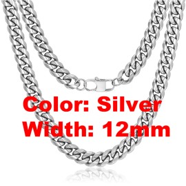 Non Tarnish Free Waterproof Gold Plated Filled Stainless Steel Cuban Chain Men's Hip Hop Jewelry Cuban Link Chain NecklaceColor: 12mm-White Gold, Length: 24inches