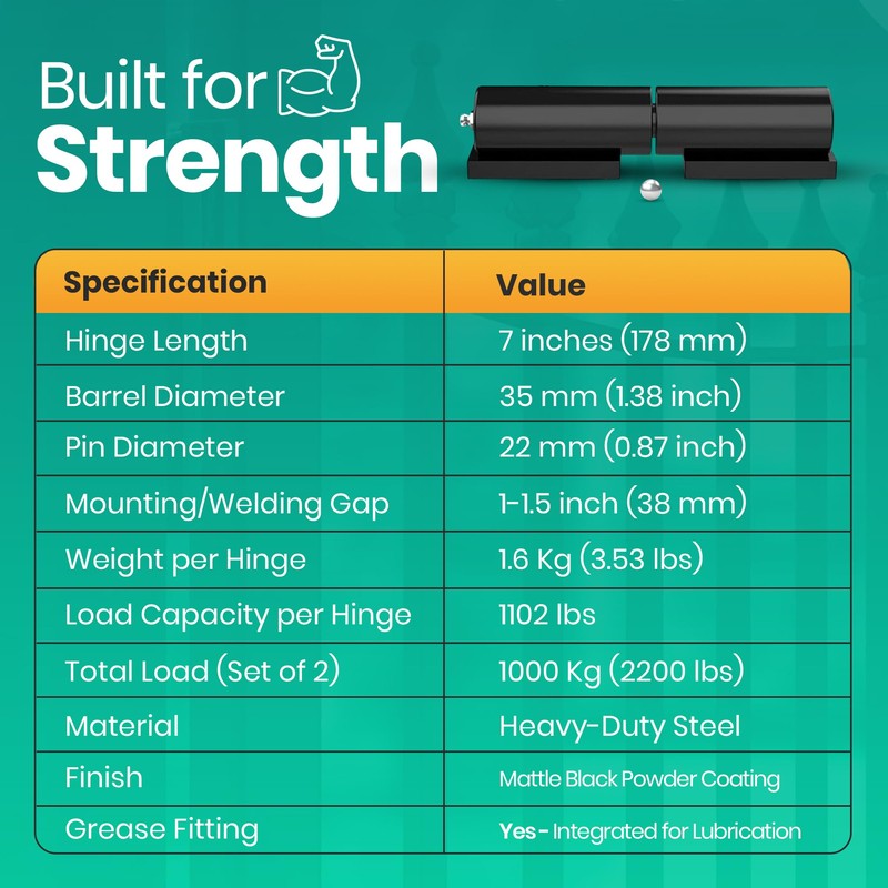 7" Heavy Duty Weld On Hinges for Metal, Black Barrel