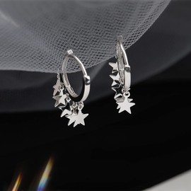 TseenYi Star Huggie Earrings Boho Tassel Stars Hoop Earrings Small Stars Tassel Huggie Earrings Silver Star Earrings Jewellery for Women and Girls Gifts