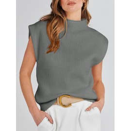 ANRABESS Women's Mock Neck Sleeveless Sweater Vest Casual Cap Sleeve Knit Pullover Tank Tops 2025 Fall Clothes Grey-M