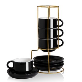 Sweejar Porcelain Espresso Cups with Saucers, 4 Ounce Stackable Cappuccino Cups with Metal Stand for Coffee Drinks, Latte, Tea - Set of 4 (Black Gold Stand)