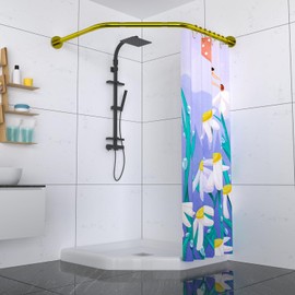 Tanxih Corner Shower Curtain Rod Adjustable Stainless Steel Diamond Shaped Rack Drill Free Install for Bathroom, Bathtub, Clothing Store (Diamond Shaped Gold, Both Sides: 17"-25.6",Middle:20"-26)