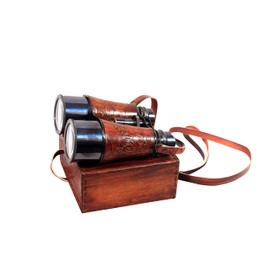 ASI NAUTICAL 6in Antique Victorian Marine Brass Leather Binocular Sailor Instrument for Adults & Kids with Neck Strap Handheld Marine Binoculars for Bird Watching, Hunting, Viewing Wildlife(ASI0058)