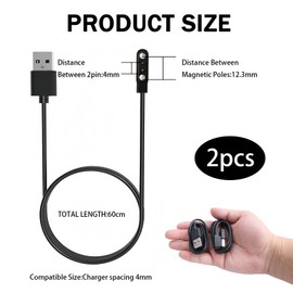 2 Stück Universal Smartwatch Ladekabel Magnetisch, 4 mm USB 2 polig Smart Watch Ladegerät, Smartwatch Magnetische Ladekabel Schnelles Aufladen Abstand Ladekontakte 4mm für YAMA SW022 AGPTE LW11 LS05