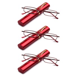 3 Packs Pocket Readers Ultra Slim Compact Reading Glasses Spring Temple w/Portable Pocket Clip Aluminum Case Red +2.50