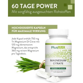 PlusVive - Magnesium citrate capsules - high dose with 750 mg magnesium citrate per capsule - 180 vegan capsules - made in Germany