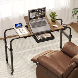 GiftGo Overbed Table with Wheels Rolling Laptop Desk Cart Table for Recliner Over Chair Adjustable for Hospital and Home Use Over The Bed Table with Storage Drawer and Cup Holder (Rustic Brown)