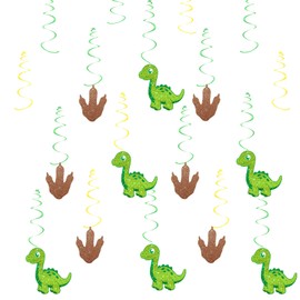 Dinosaur Hanging Swirls, Dinosaur Birthday Hanging Decoration, T-Rex Dino Footprint Ceiling Hanging Streamers, Jungle Animal Party Favors - Green Glitter