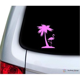Southern Sticker Company Flamingo one Palm Tree 3.9x5.2 inches Beach Ocean Size Laptop car Window Truck - Made and Shipped in USA (Soft Pink)