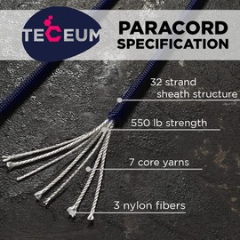 TECEUM Paracord Type III 550 Navy Blue – 50 ft – 4mm – Tactical Rope MIL-SPEC – Outdoor para Cord – Camping Hiking Fishing Gear – EDC Parachute Cord – Strong Survival Rope 038
