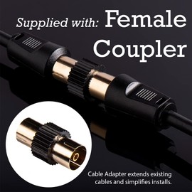 rhinocables Aerial Coaxial Cable with Gold-Plated Connectors, Male to Male RF Coax Lead with Female Adapter Coupler for Freeview, Freesat, Sky, Virgin, BT, You View, Satellite TV, Black (50cm)