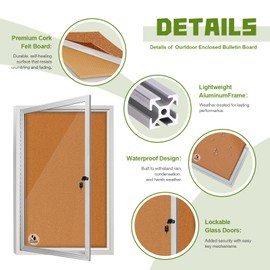 Lockable Outdoor Enclosed Bulletin Board, 36x24 Inch Weatherproof Cork Noticeboard with Glass Locking Door, Wall-Mounted Aluminum Frame Display Case for Office, Home, School