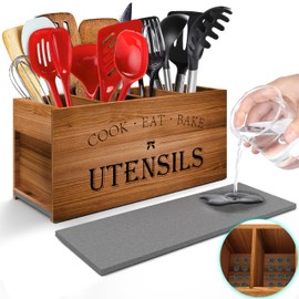 [Upgraded] Kitchen Utensils Holder with Drain Holes & Diatomaceous Earth Base, Extra Large 4 Compartments Wooden Utensil Organizer for Kitchen Countertop, Farmhouse Cooking Utensil Storage (Rustic)