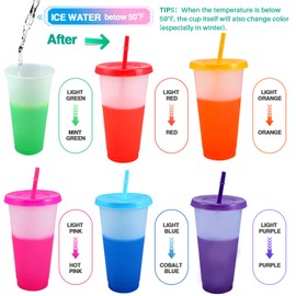 EASEVE Colour Changing Cups Tumblers with Lids & Straws - 6 Pack 24oz Reusable Plastic Cups Iced Coffee Cup Cold Water Color Change Party Tumbler for Kids Children Adults Travel Mugs for Drinks