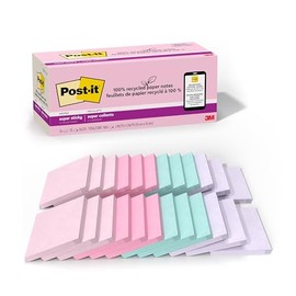 Post-it Notas superadhesivas de papel 100% reciclado, 2 veces el poder de pegado, 3 x 3 pulgadas, 24 almohadillas para orejas/paquete, 70 hojas/bloque, colección Wanderlust Pastels (654R-24SSNRPCP)