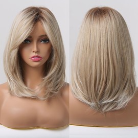 ORAVISTA Ombre Brown to Blonde Synthetic Wig for Women with Bangs, Natural Looking Heat Resistant Hair Replacement for Daily Use (Blonde,14 inch)