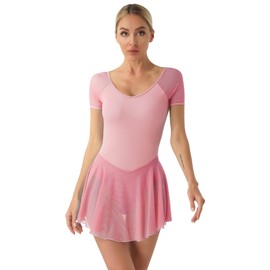 TiaoBug Women's Skirted Leotards Ballet Dance Dress Short Sleeve Backless Gymnastics Bodysuits Dancewear Pink X-Large
