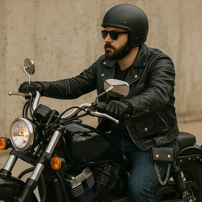 BLACK GENUINE LEATHER Trifold Biker's Wallet ID Card Holder w/Chain