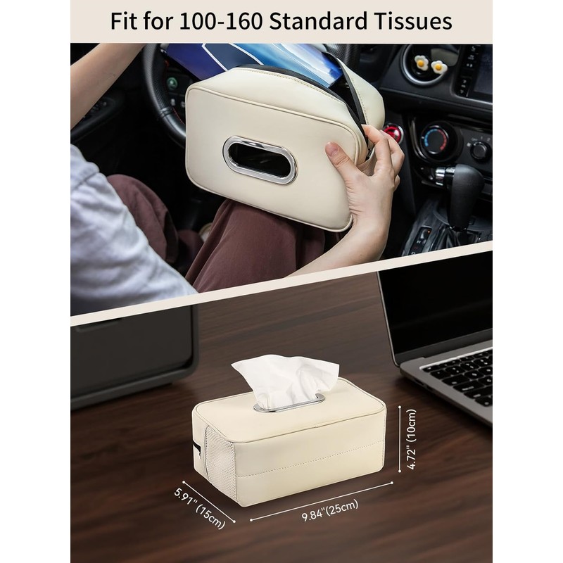 Multi-Functional Car Tissue Holder with ‌2 Storage Nets, Upgraded PU
