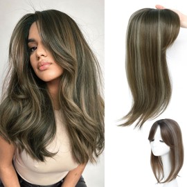 RMYHIG Hair Topper, 360° 3D Hair Toppers for Women with Thinning, 18 Inch Long Pieces for Women Clip in Middle Part Bangs (Dark Brown Mixed with Light Brown and White, 3D Side Bangs)