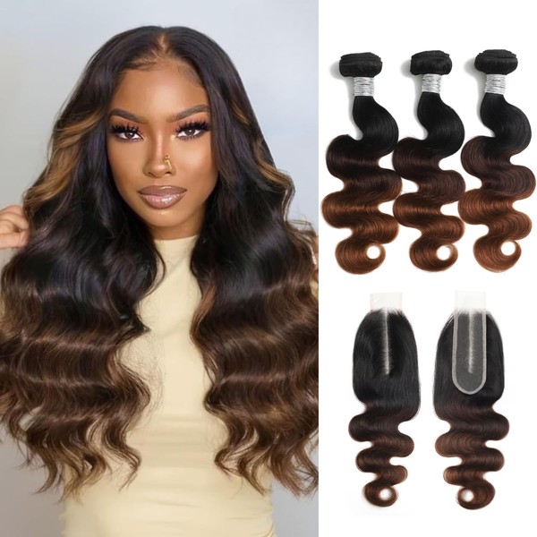 AUROO Chestnut Brown Ombre Bundles with 2x6 Closure Human Hair