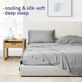 YnM Cooling Bed Sheet Set with 100 Percent Rayon Derived from Bamboo, 400TC Fabric with 2 Pillowcases and Flat Sheet, Deep Pocket Fit 19'', Silky-Soft & Sweat Wicking, 4 Piece (Ca King, Light Grey)