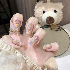 Rainbow Nail Tips 24 Pcs Glitter Nails for Wedding, Party, Holiday, Dating, Prom and Daily Life