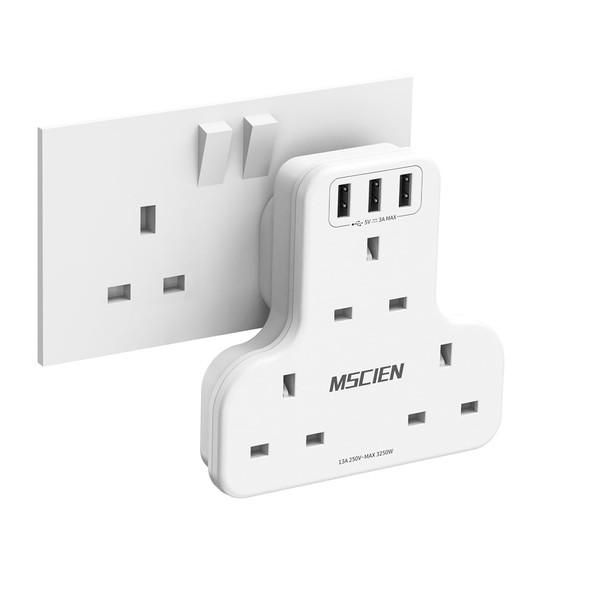 Mscien Plug Extension with USB, 3 Way Plug Adapter Multi Plug Adaptor Sockets Extension Turn 1 into 3, Compact Plug Extender