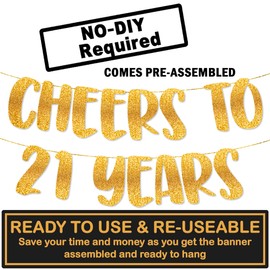 TOYVENTURES Cheers to 21 Years Gold Glitter Banner - Happy 21st Birthday Party Decorations 8 Feet, 21st Wedding Anniversary Party Supplies - Milestone Celebration Decor - Pre-strung, No DIY Required